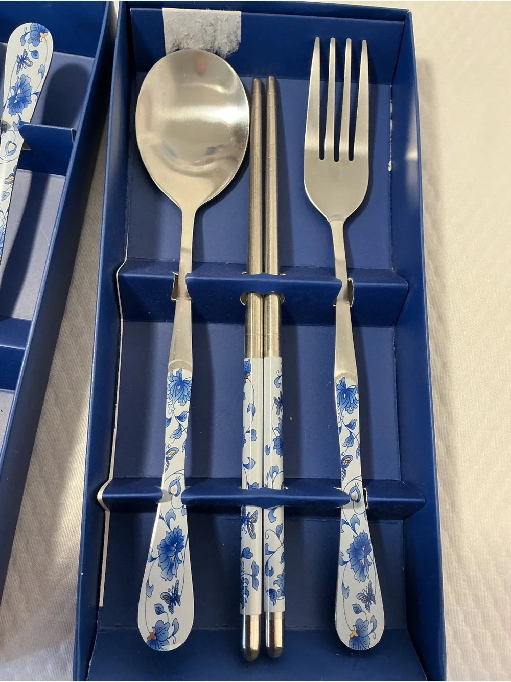 Blue Floral Stainless Steel Flatware Set with Chopsticks - Floral Handle